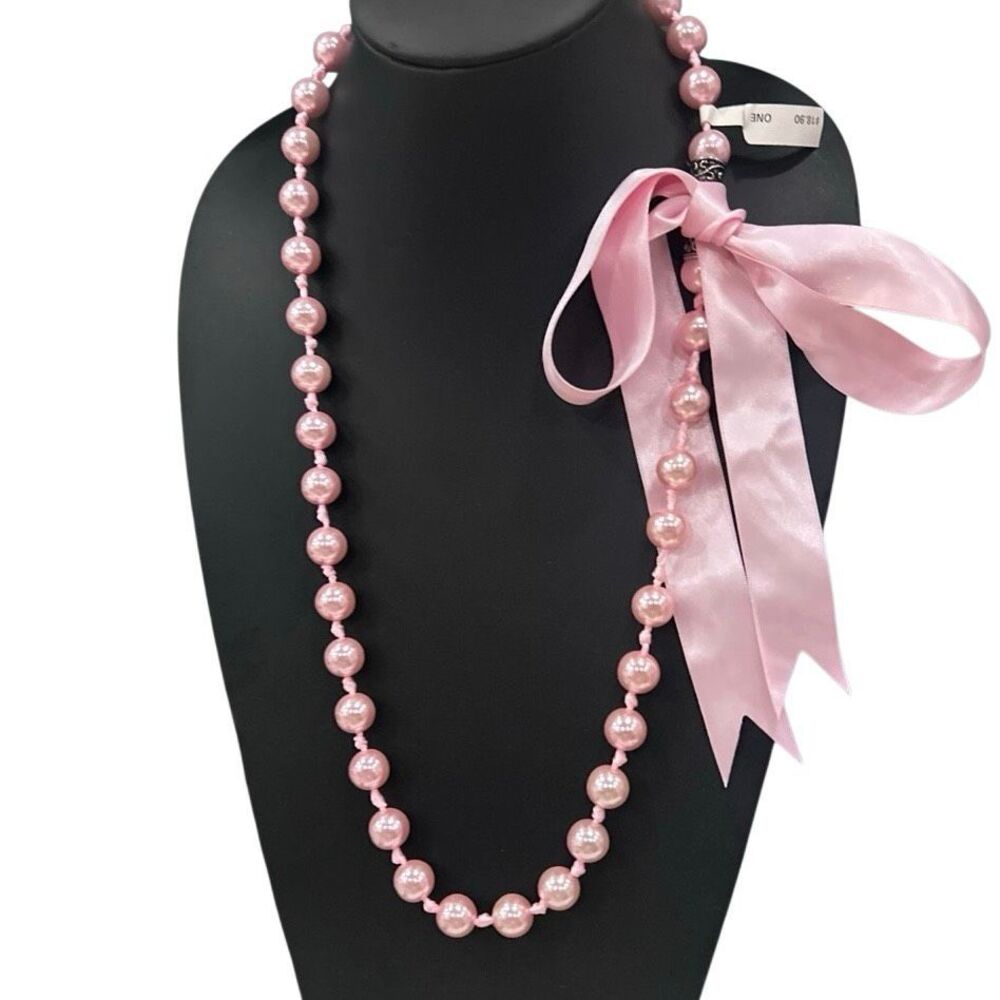 NWT Statement Faux Pearl Necklace 30" Pink Simulated Pearls W/ Satin Ribbon Bow
